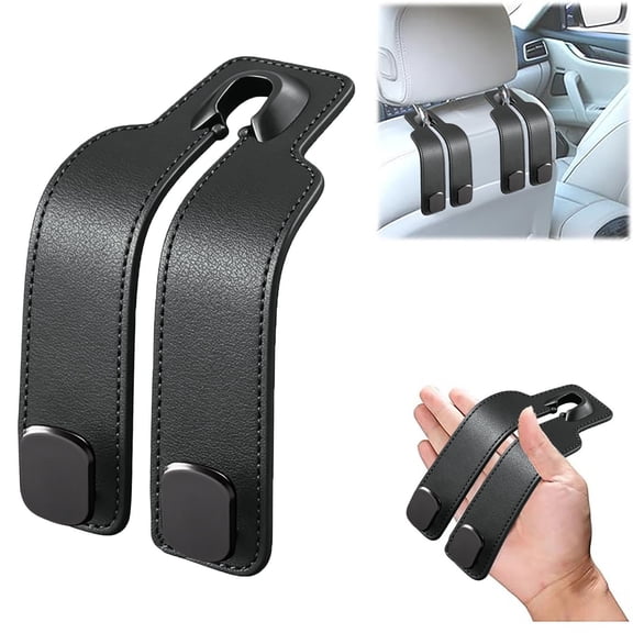 2 Pack Leather Car Seat Headrest Double Hooks Organizer | Durable Leather & Metal Bag Holder | Car Seat Back Phone Mount | Space Saving Purse Hook for Wallets Bags | Fits Most Vehicles
