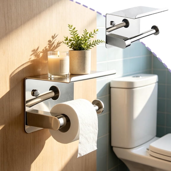 Stainless Steel Wall Mounted Toilet Paper Holder with Storage Shelf - Rust-Resistant Bathroom Organizer for Residential and Commercial Restrooms Silver