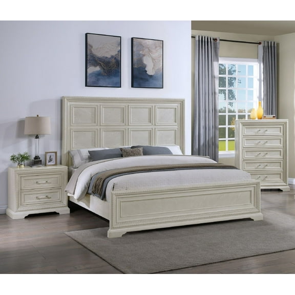 Beautiful 3Pc White Cream Finish Bedroom Furniture Queen Size Panel Bed Chest Nightstand Set