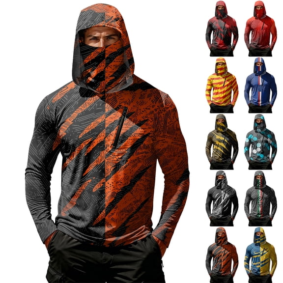 BRANROY Long Sleeve Shirts for Men - UPF 50 Sun Protection Hoodie Geometric Print Lightweight Fishing Hiking Top,Black L