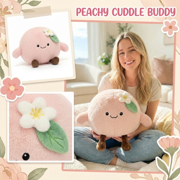 Plush Peach Pillow Cute Fruit Stuffed Animal Soft Pingan Throw Pillow Kawaii Decorative Plushie for Kids Adults Bedroom Living Room Sofa Gift Choice