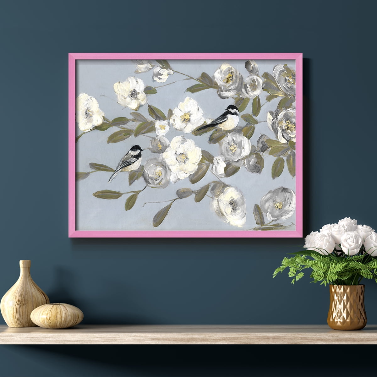 Chickadees and Blossoms I by Sally Swatland - Restickable Framed Giclée Print