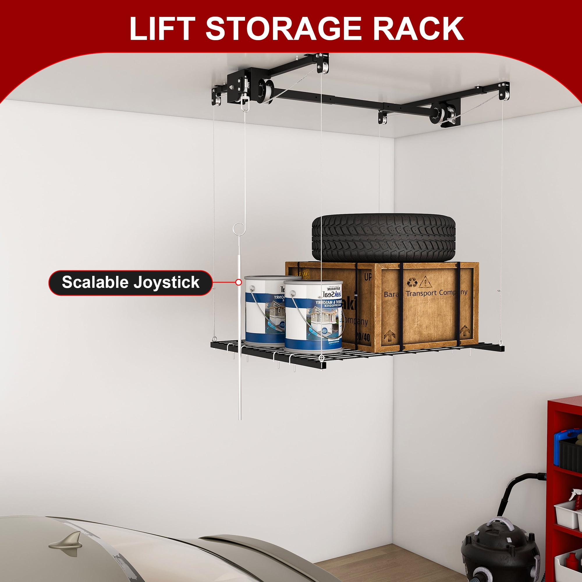 Aukfa 4x4 ft Ceiling Mounted Garage Storage Rack with Crank-Down System, 250 lbs Heavy Duty Overhead Storage Lift for Tires & Tools, Black