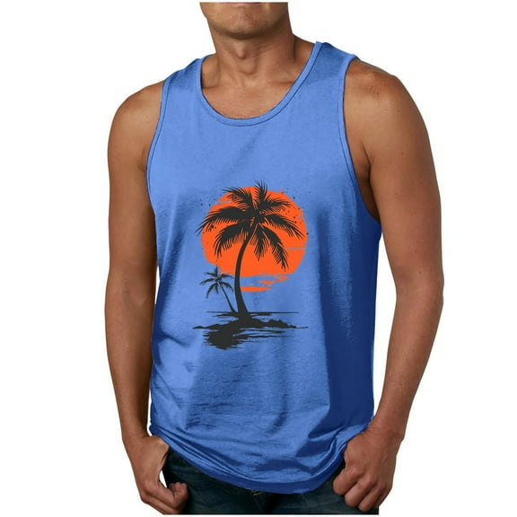 Awdenio New Arrivals Men's Workout Tank Tops Coconut Tree Printing Round Neck Thin Strap Sleeveless Leakage Back Casual Sports T Shirts Vest