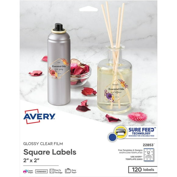 Avery® Sure Feed Glossy Labels - 2" Width x 2" Length - Permanent Adhesive - Square - Laser, Inkjet - Crystal Clear - Film - 12 / Sheet - 10 Total | Bundle of 2 Packs