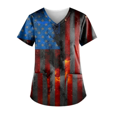 

Sksloeg Womens Scrub Tops July 4th Independence Day Print Top V-Neck Workwear Short Sleeve T-Shirts with Pockets Nursing Working Uniform Black S