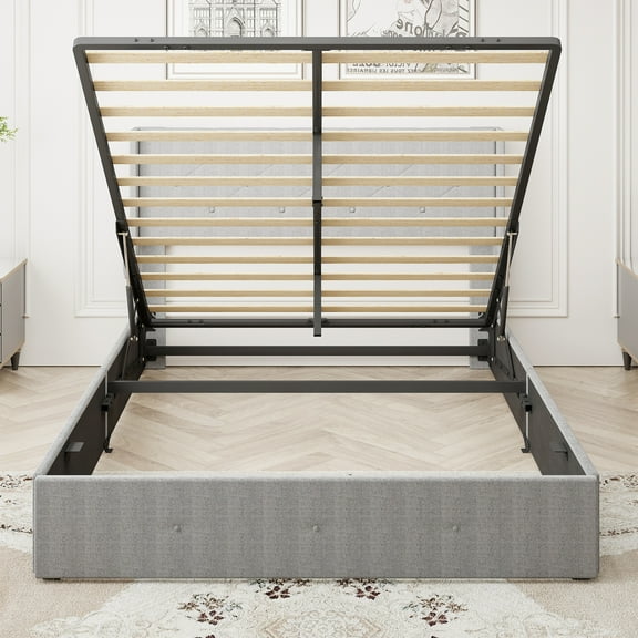 PAPROOS Full Size Bed Frame with USB Charging Station, Upholstered Platform Bed Frame with Gas Lift Storage Bed, Wingback Storage Headboard, No Box Spring Needed, Light Gray