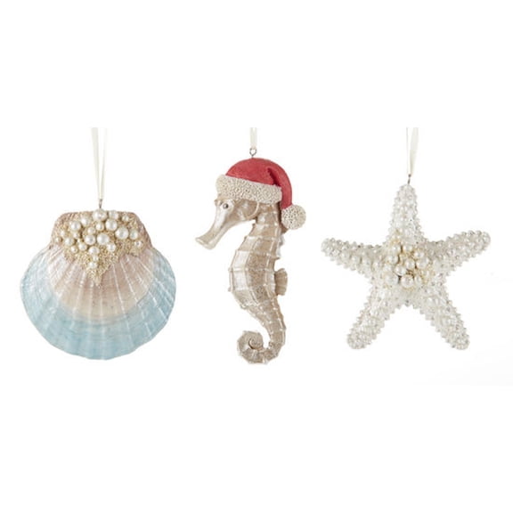 Delton Beach Coastal Christmas Tree Ornaments, Set of 3 Starfish, Clam Shell, Seahorse Decorative Hanging Ornaments