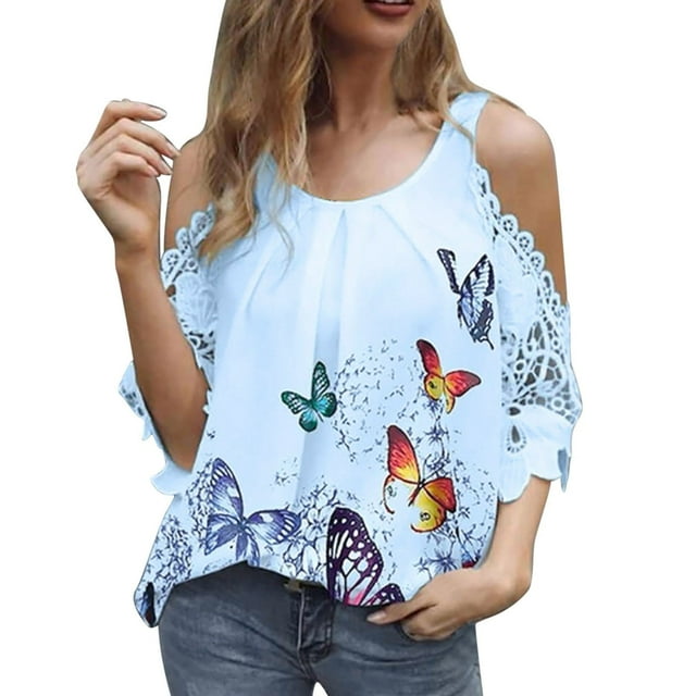 SMihono Hauts pour Femmes Été Chic Décontracté T-shirt à Col Rond pour Femmes à Imprimé Papillon Décontracté à Manches Courtes T-shirt Ajouré Hauts Grande Taille T-shirt