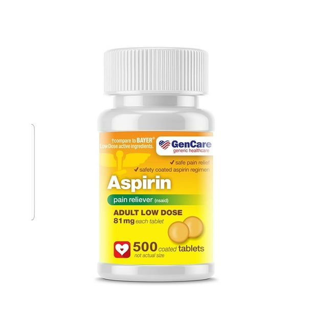 GenCare Aspirin Pain Reliever (NSAID) 81 mg (500 Coated Tablets) Adult Low Dose Safe Pain