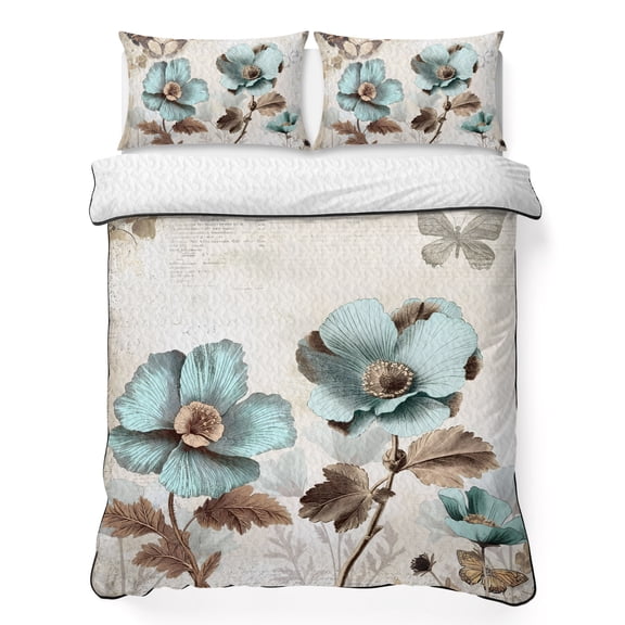 Twin XL Quilt Set 68''x98'', Retro Mallow Flowers Lightweight Bedspread Coverlet Set with 2 Pillow Shams, Spring Floral Butterfly Elegant Breathable All Season Quilt Bedding for Dorm/Guest Room