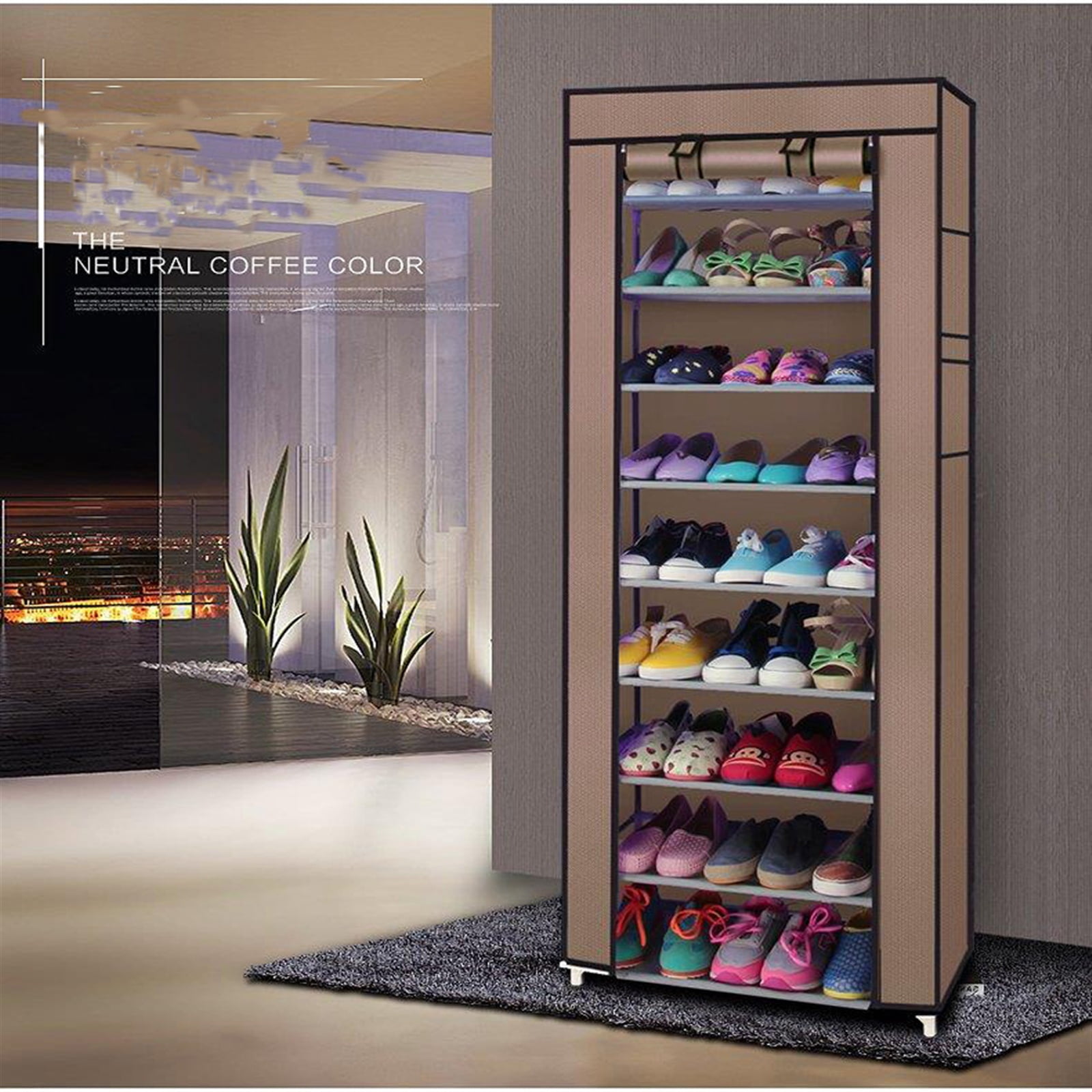 Shoes Rack with Cover, paproos 10 Tier Shoes Organizer, Fabric Sneaker Rack with Dustproof Nonwoven Fabric Cover, Room-saving Shoe Storage Cabinet for Entryway, Free Standing Tall Shoe Holder, Coffee