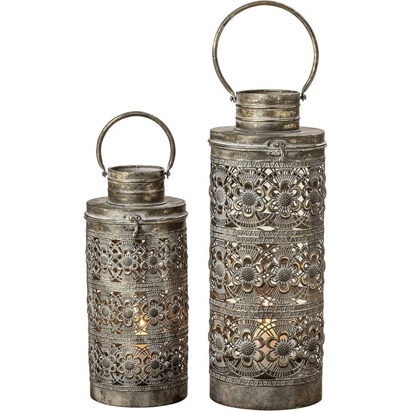 Moroccan Temple Lanterns, Luxury Floor Hurricanes, Set of 2, For LED or Wax Candles, Sealed Iron, Antiqued Patina, Hinged Top, 19 and 15 Inches, the Global Chic Collection