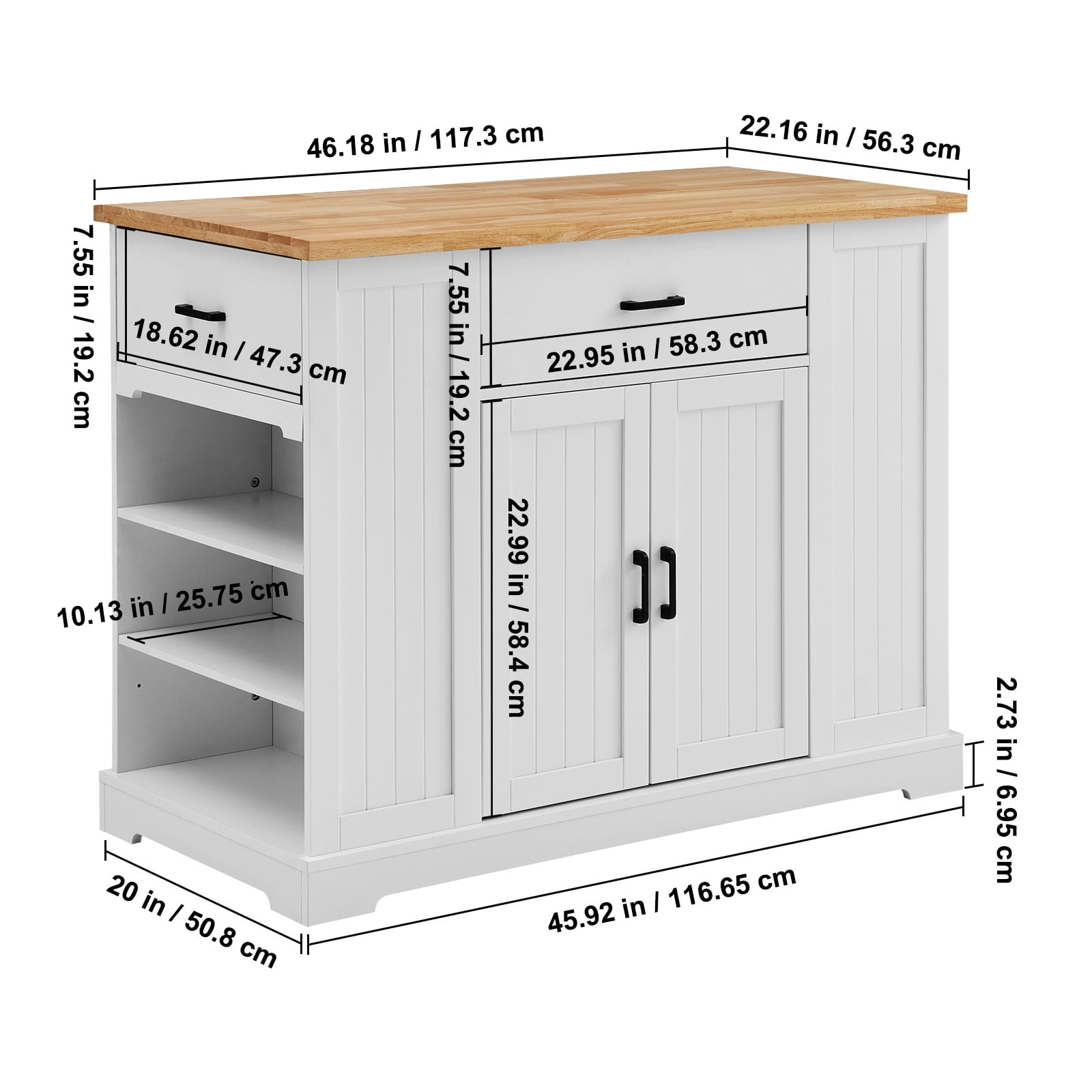 KFFKFF 46" Kitchen Island Cart with Storage, Wooden Countertop Utility Cart with Adjustable Shelving, Drawer, Ideal for Dining Area, Living Space, White