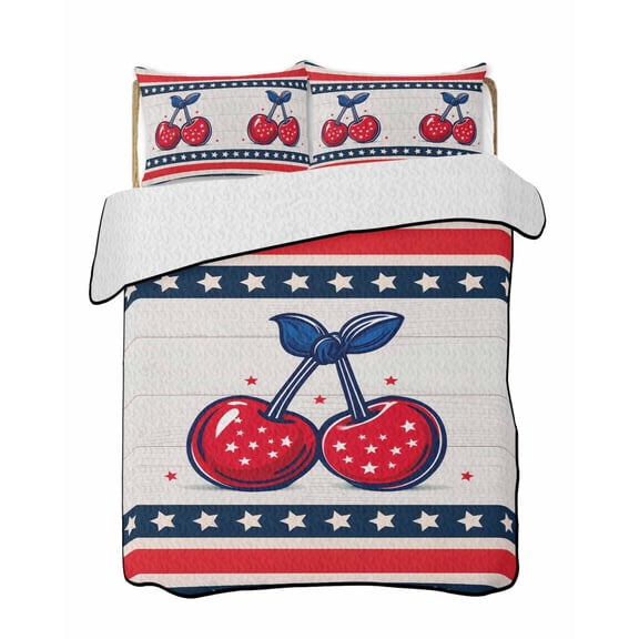 Quilts Full Size Bedding Set, 4th of July Lightweight Quilted Comforter, Vintage Cherry Patriotic Red Blue Stars Striped Reversible Bedspread Coverlet with Pillow Covers for All Season, 78" x 90"