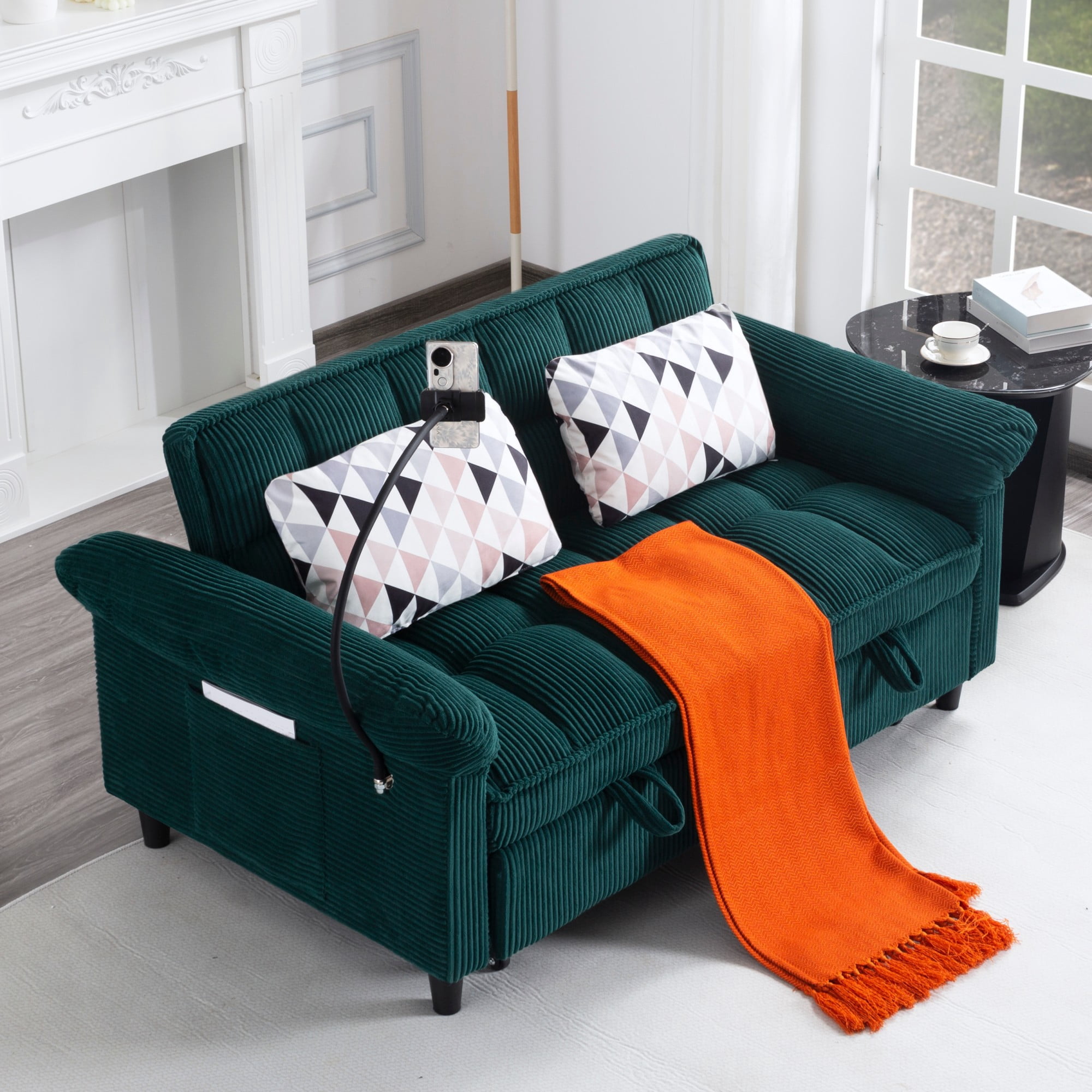 BSHTI 58.27" Corduroy Convertible Sofa Bed with Pull Out Sleeper, 3-Position Backrest, Storage Pocket for Living Room Guest Room, Black（Green）