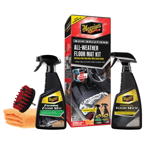 Meguiar’s Quik Solutions All-Weather Floor Mat Kit – Cleaner and Car Mat Protectant that Deep Cleans & Restores a Like-New Non-Slick Finish – Includes Drill Attachment