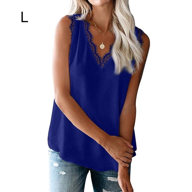 Camiseta de mujer Encaje Cuello en V Sin mangas Blusa informal Top de verano, Azul oscuro, L Methold AP001334-23