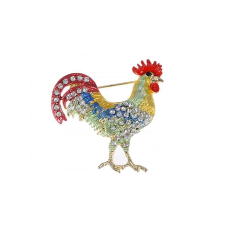 Painted Metal Clear Crystal Rhinestone Fighting Morning Rooster Cock Pin