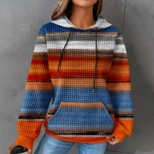 EGNMCR Chandail à Capuche pour Femmes Mode Automne Décontracté Chandail à Cordon Rayé Imprimé Manches Longues avec Poche