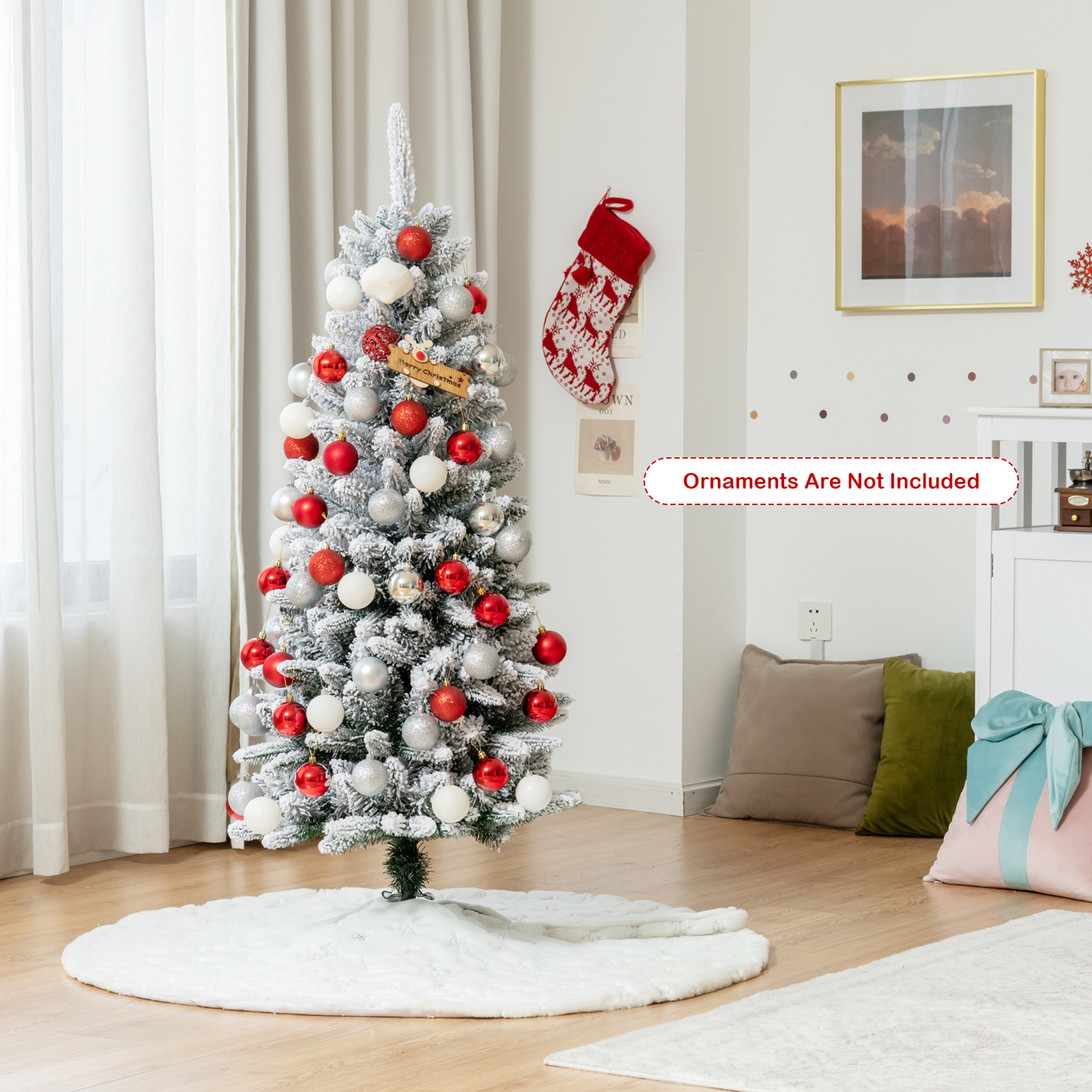 Gymax Green Snow Flocked Slim Pencil Unlit Artificial Christmas Tree, 4.5'
