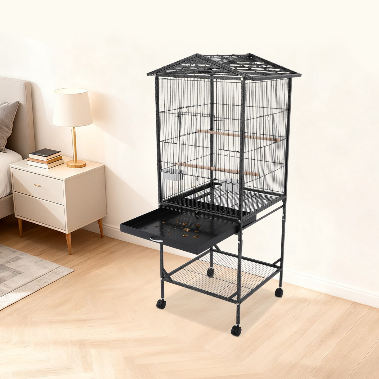 Metal Bird Cage, Bird Cage with Play Open Top, Bird Cage with Wheels for Homes, Living Rooms, Balconies, Pet Shops, and More (18.11*18.11*49.21in) (Black)