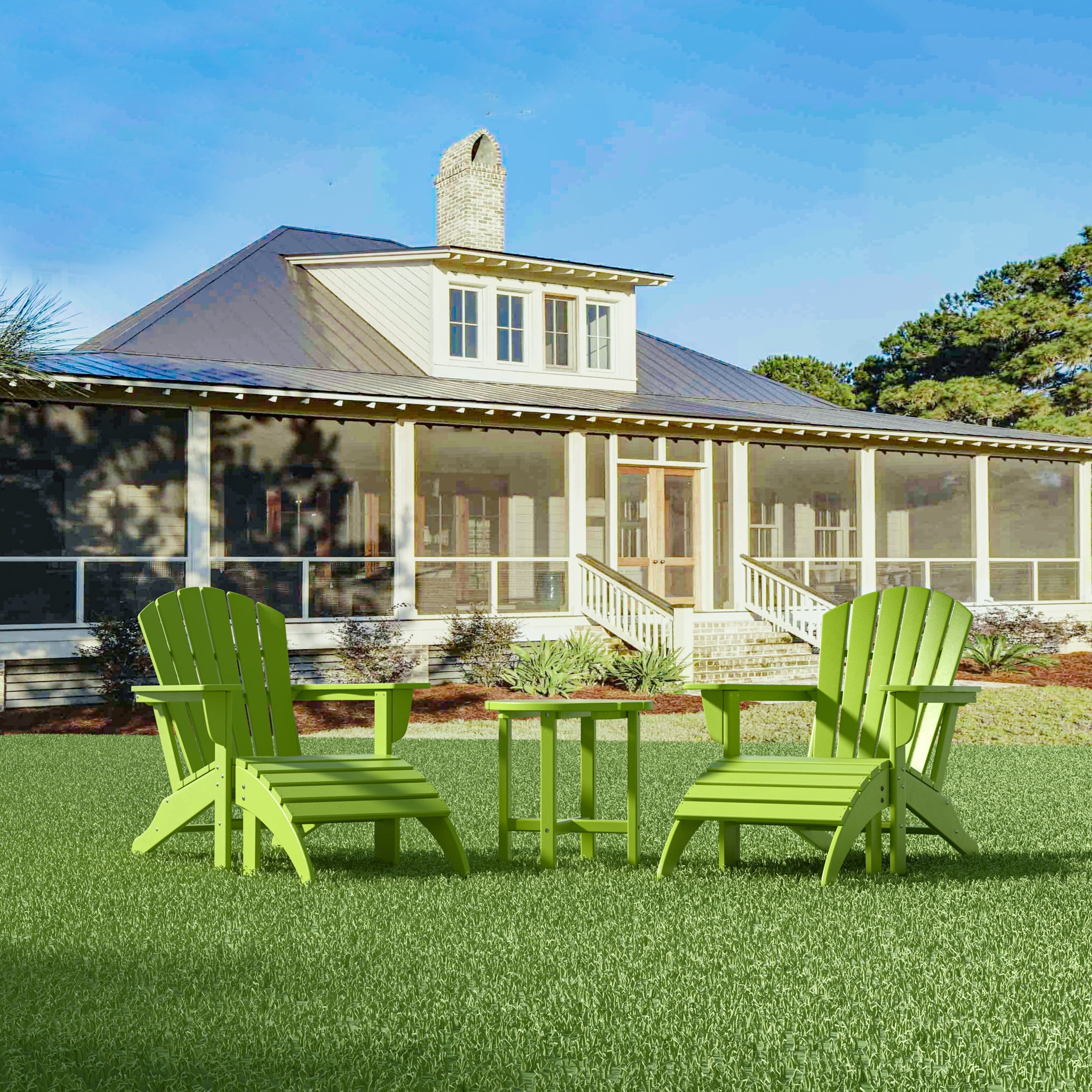 Westin Outdoor 5-Pieces Adirondack Patio Chat Seating Set with Ottoman & Side Table Included, Lime Green