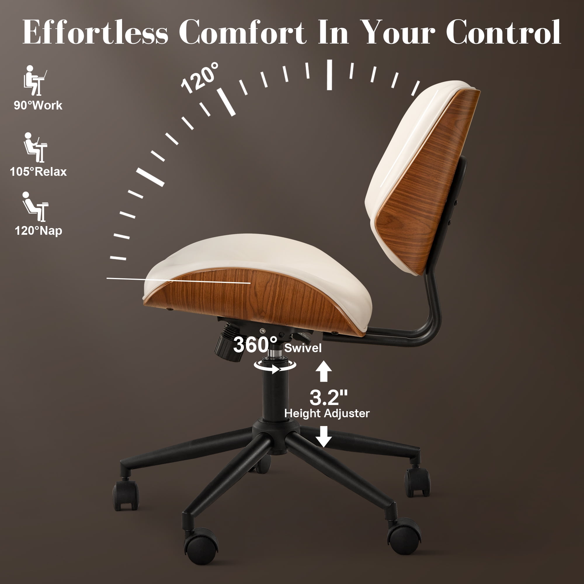 Toject Office Chair, Task Chair with Wooden Back, Mid-Century Modern Computer Chair, Armless Desk Chair for Home Office, Black