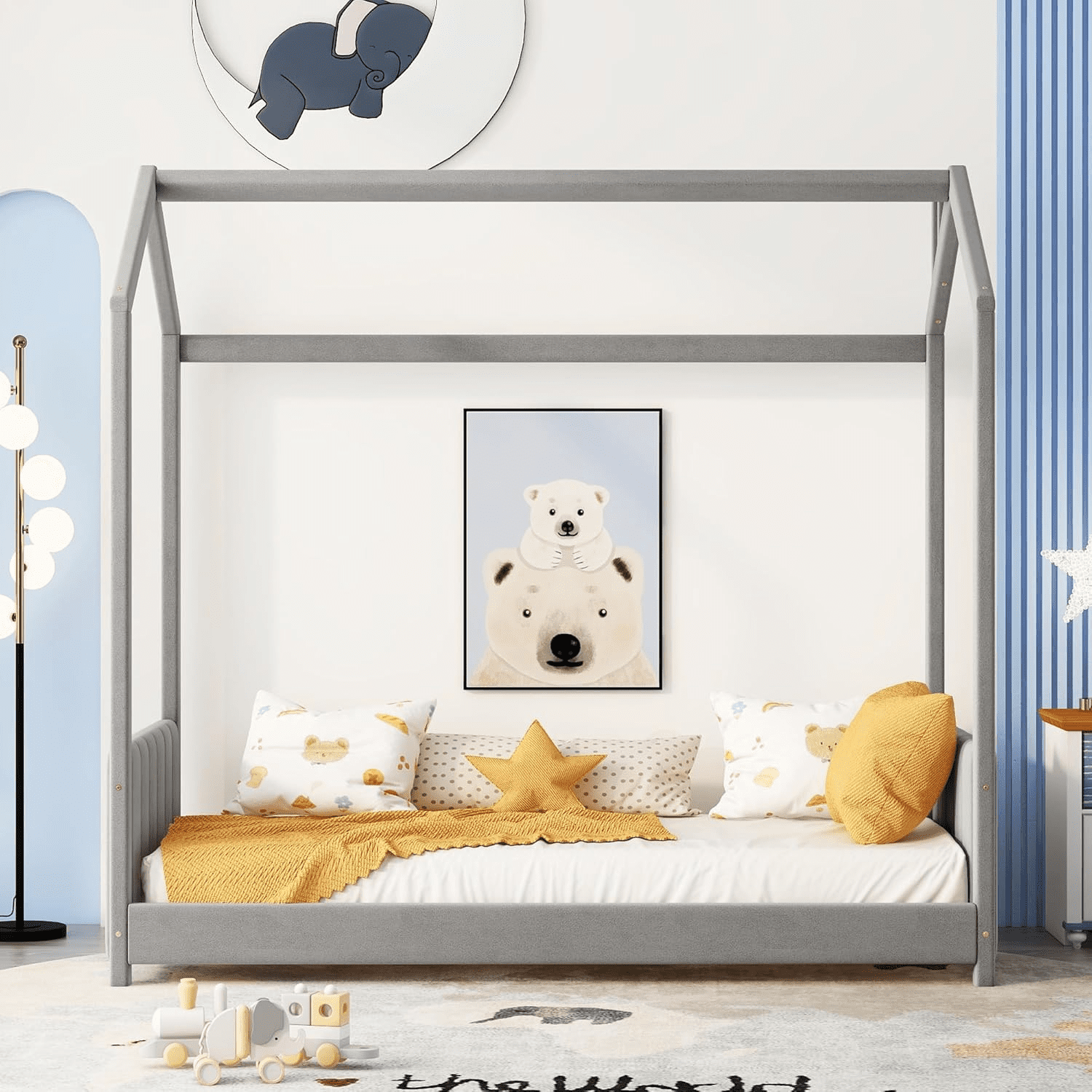 Bellemave Twin Size House Bed, Velvet Montessori Floor Bed with Headboard & Footboard, Twin Bed Frame for Girls Boys（Twin, Grey)