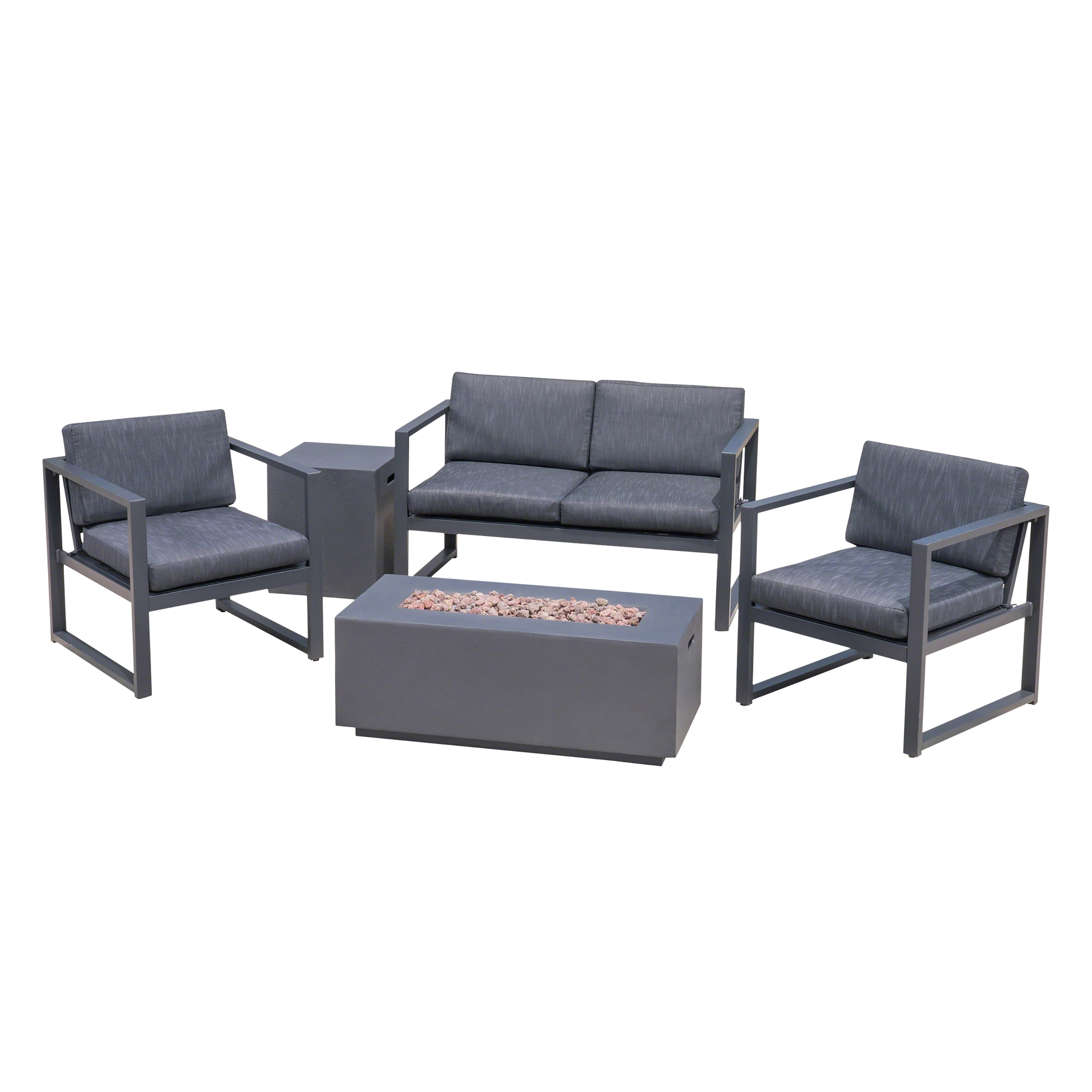 Keith Outdoor 5 Piece Aluminum Chat Set with Fire Pit and Tank Holder, Dark Gray, Silver, Dark Gray