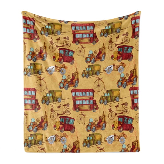 Cars Soft Flannel Fleece Blanket, Steampunk Inspired Vintage Means of Transportation Colorful Retro Design, Cozy Plush for Indoor and Outdoor Use, 60" x 80", Mustard Red Olive Green, by Ambesonne
