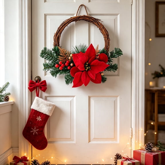14 Inch Artificial Christmas Front Door Wreath, Green Pine with Red Poinsettia for Indoor Outdoor Wall Fireplace Decor