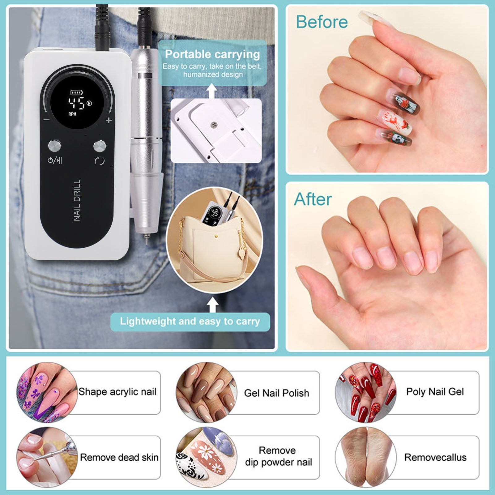 BIMZUC Professional Electric Nail Drill Machine 45000 RPM Portable Efile Rechargeable Manicure Pedicure Kit (8.66 inches / 22 cm)