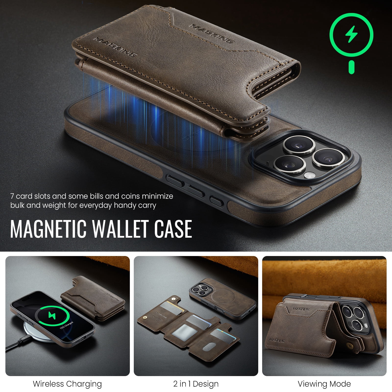 Designed for iPhone 16 Pro Max Wallet Phone Case,Magnetic Detachable Flip Card Holder,Back Flip Kickstand,Compatible with Mag-Safe,2-in-1 PU Leather Heavy Duty Shockproof Phone Case,Coffee