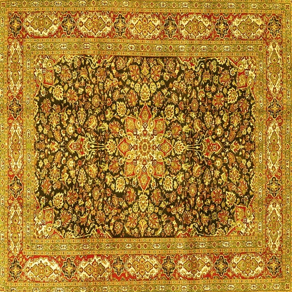Ahgly Company Machine Washable Indoor Square Medallion Yellow Traditional Area Rugs, 5' Square