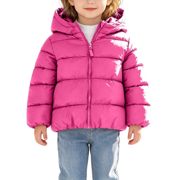 Kids Zip Up Coat Girls Thickened Long Sleeve Puffer Jacket Toddler Warm Winter Coats Outerwears with Hooded Down for Outdoor Activities 12Months-7Years ，Hot Pink ，2 Years