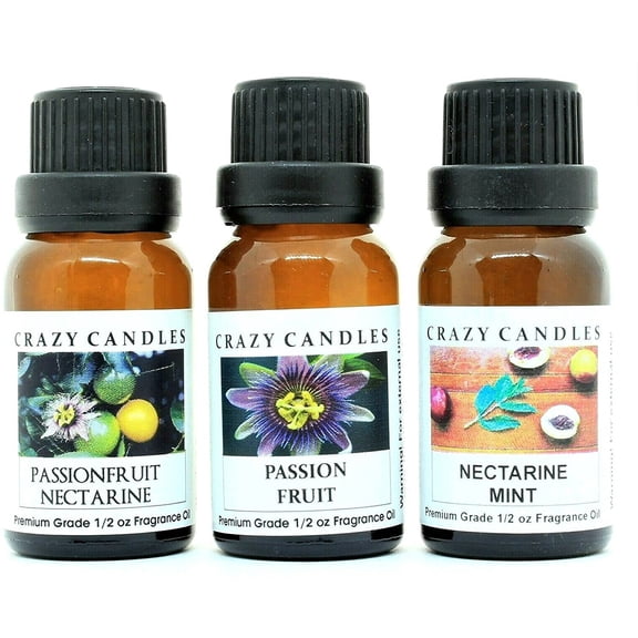 Crazy Candles 3 Bottles Set, 1 Passion Fruit Nectarine, 1 Passion Fruit, 1 Nectarine Mint 1/2 Fl Oz Each (15ml) Premium Grade Scented Fragrance Oils