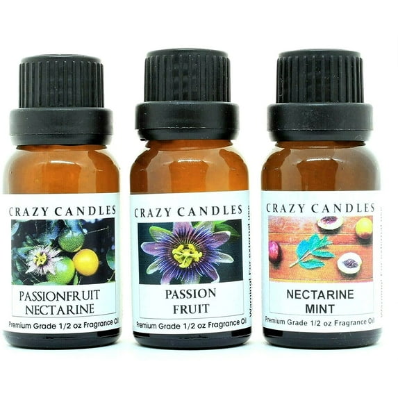 Crazy Candles 3 Bottles Set, 1 Passion Fruit Nectarine, 1 Passion Fruit, 1 Nectarine Mint 1/2 Fl Oz Each (15ml) Premium Grade Scented Fragrance Oils