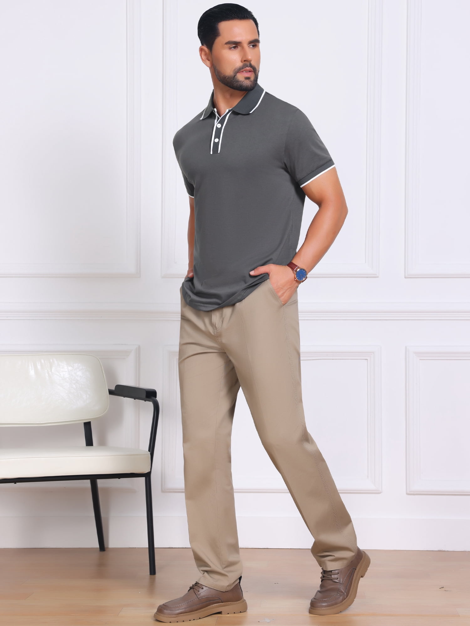 DARING DIVA Men's Contrast Trim Short Sleeve Button Closure Polo Shirts L Dark Gray