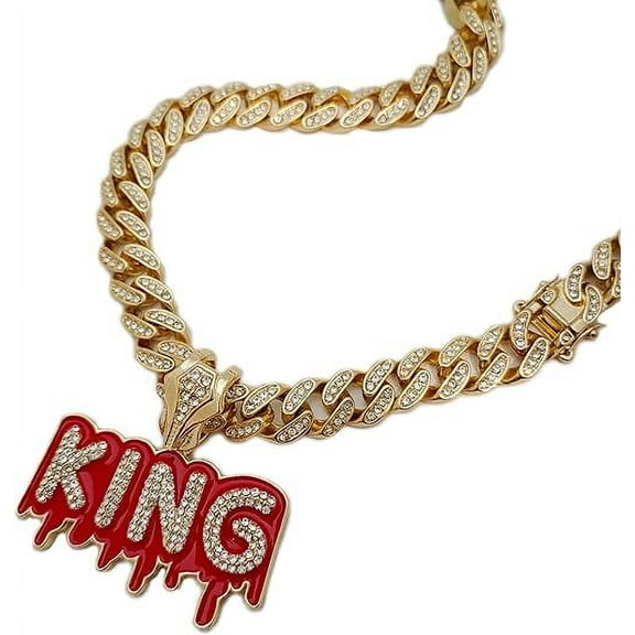 Hip Hop Gold Plated Iced Drip KING Cubic Zirconia Pendant & 12mm 20" Iced Cuban Chain Box Lock Necklace Set