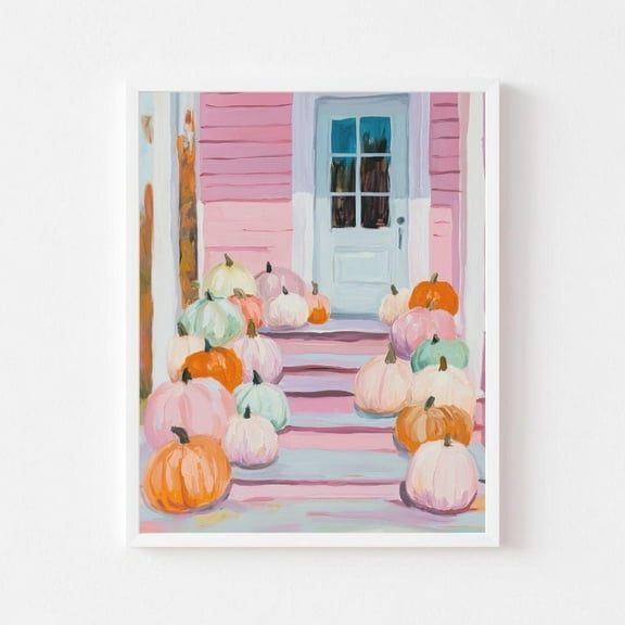 Kna Prints - Pastel Pumpkins On Porch Steps Painting Autumn Pink House Wall Art Print Colorful October Girl'S Room Fall,-8x12 Poster Only