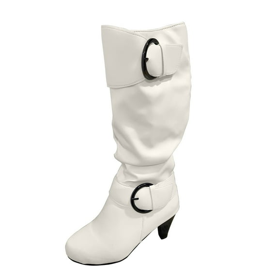 Xiaoxatg Elegant Women's Buckled Heel Leather Knee-High Boots for Stylish Comfort and Durability in Every Step 6.5 White