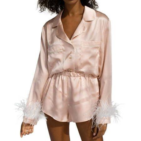 

wendunide women s pants Women Fashion Solid Long Sleeve Pocket Blouse Tops Short Pants Two-Piece Set Sleepwear Pink M