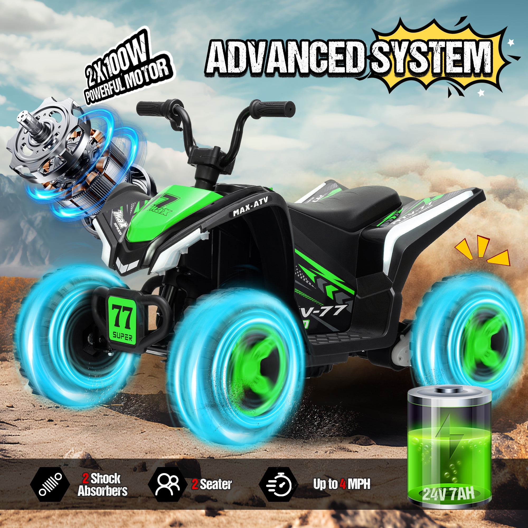 Kids ATV 4 Wheeler, Two Seater 24V Ride On Toy for Big Kid w/Unique LED Light, Music, Wireless, Story, 24 Volt Ride on Car Electric Quad for Boys Girls, Green