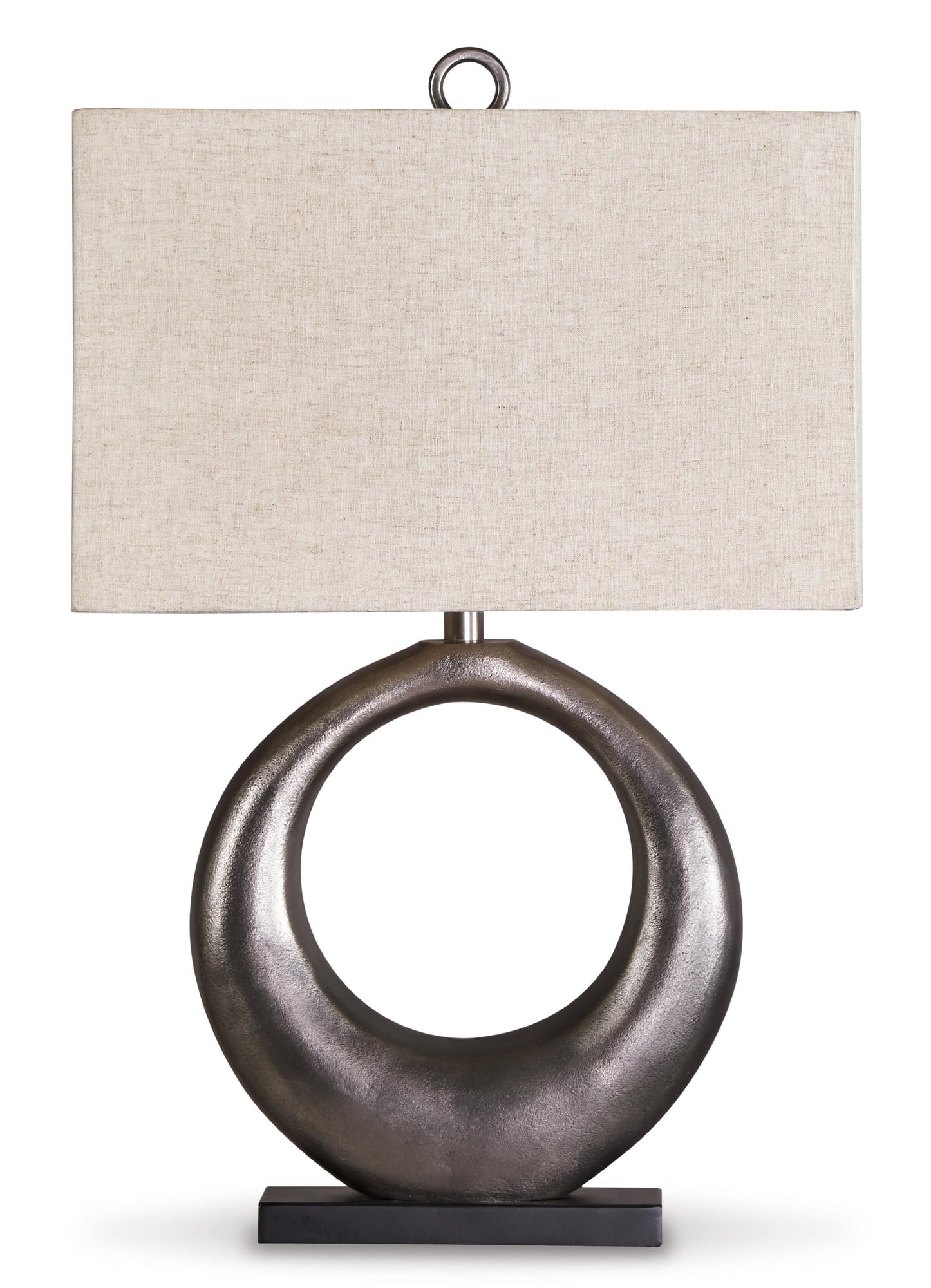 Signature Design by Ashley Saria Metal Table Lamp, Antique Silver Finish, Modern Sculptural Lamp with Open Ring Base and Rectangular Shade