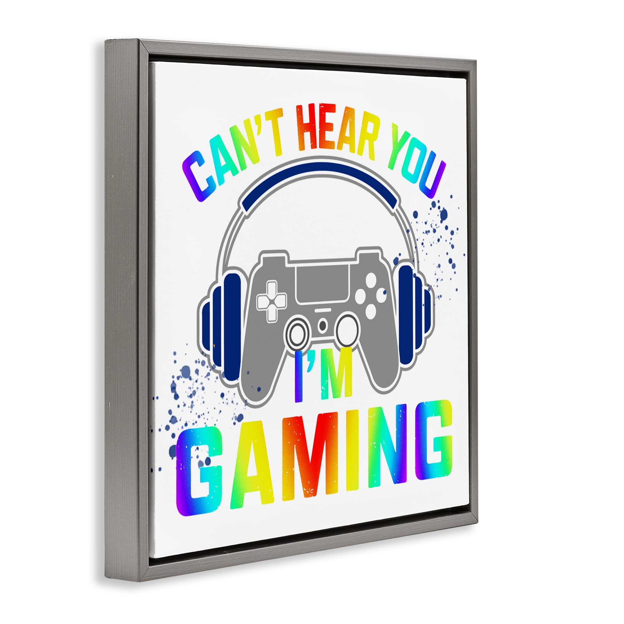 Rainbow Can't Hear You Gaming Gray Framed Floater Canvas Wall Art, design by Kim Allen