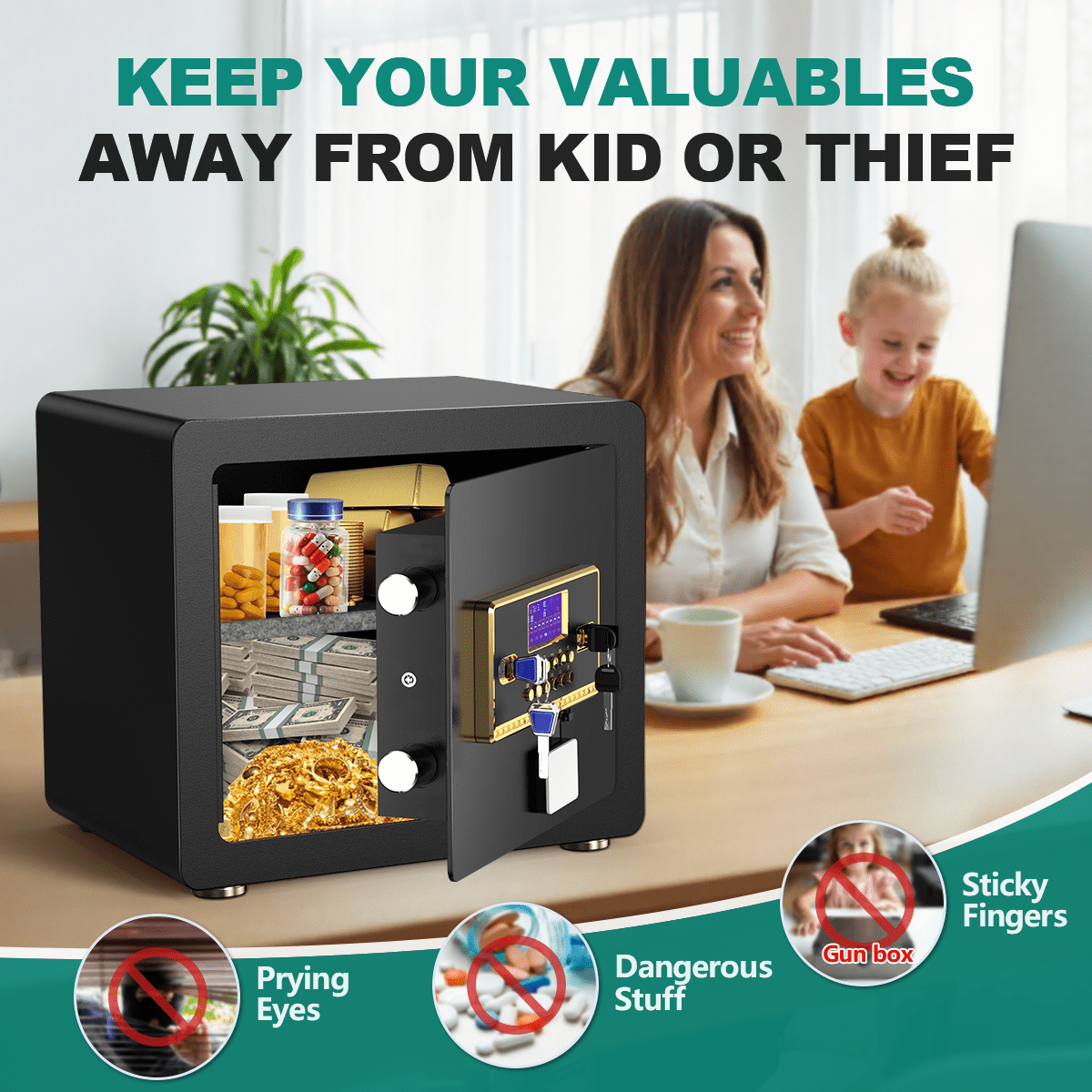 RYCUZO 1.5 Cuft Home Security Safe Box with Digital Keypad, Adjustable Shelf, Fireproof & Waterproof Bag