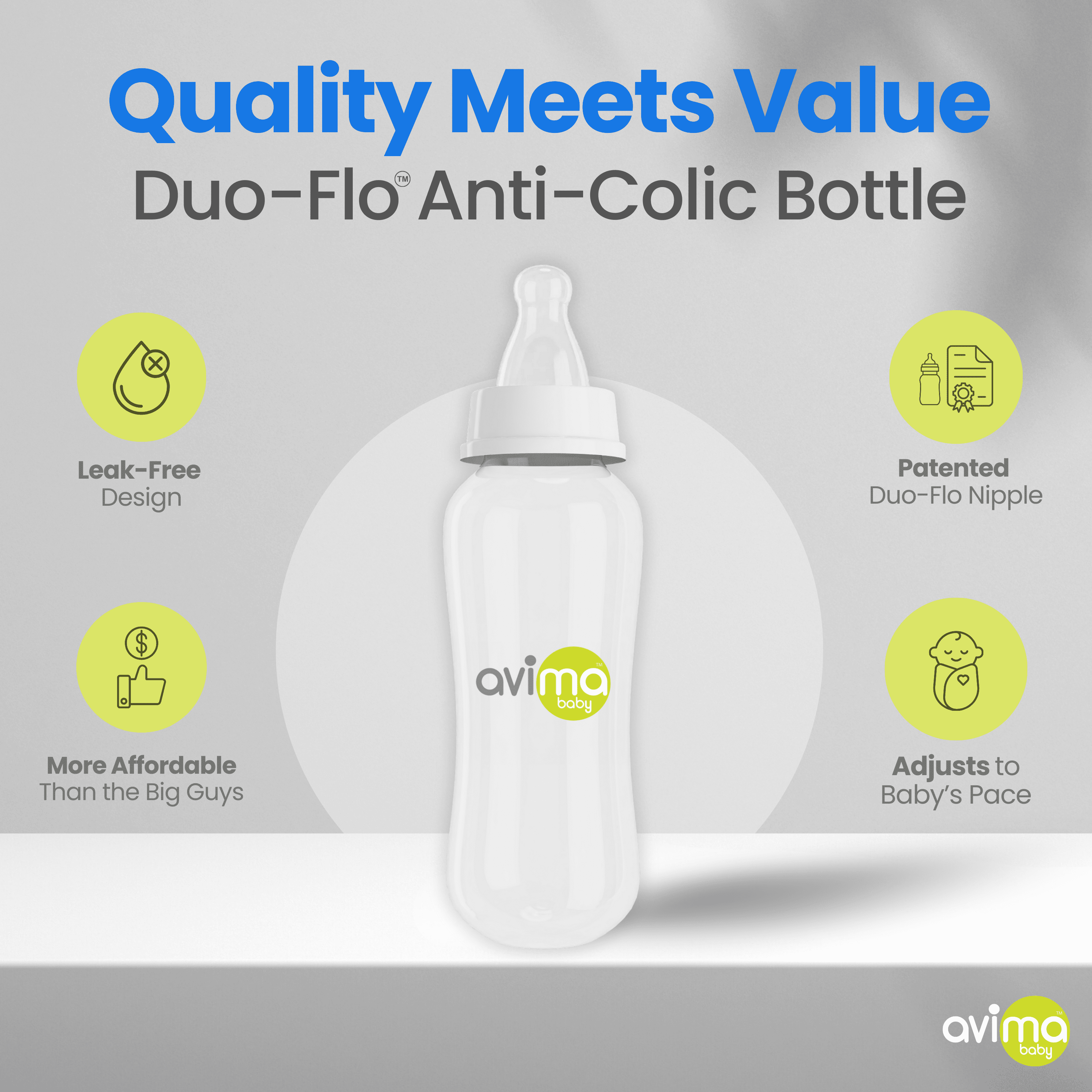 Avima Anti-Colic Baby Bottle, Standard Neck 10 oz, Medium Flow, Stage 2, 8 Pack Set