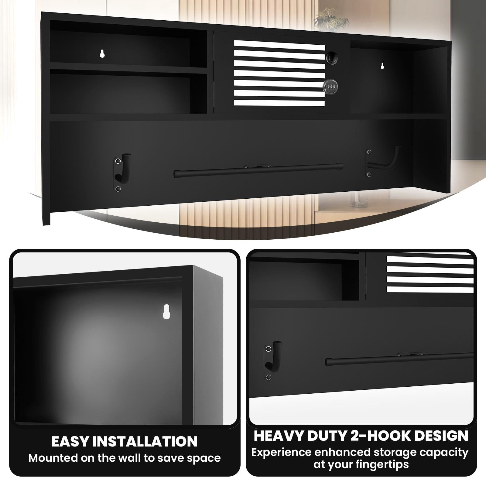 Wall Mounted Gun Safe, 35.5" Black Steel Security Cabinet with Combination Lock, Hidden Storage Rack for Home, Office, Gun Accessories