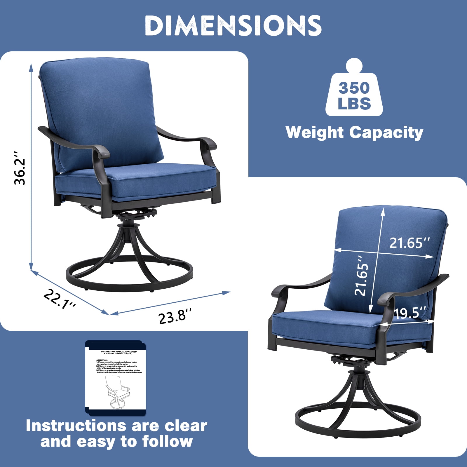 MELLCOM Patio Swivel Chair Set of 2, Heavy Duty Outdoor Dining Chairs with Thickened Cushions, Metal Patio Chairs Gentle Rocker for Outside, Garden Lawn & Porch, Backyard, Blue